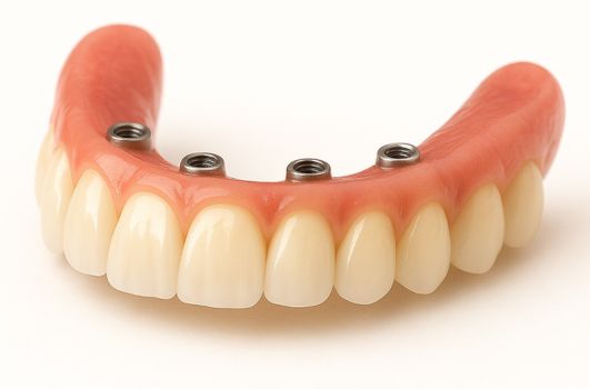 Prótese dentária total fixa com quatro pontos de conexão para implantes.