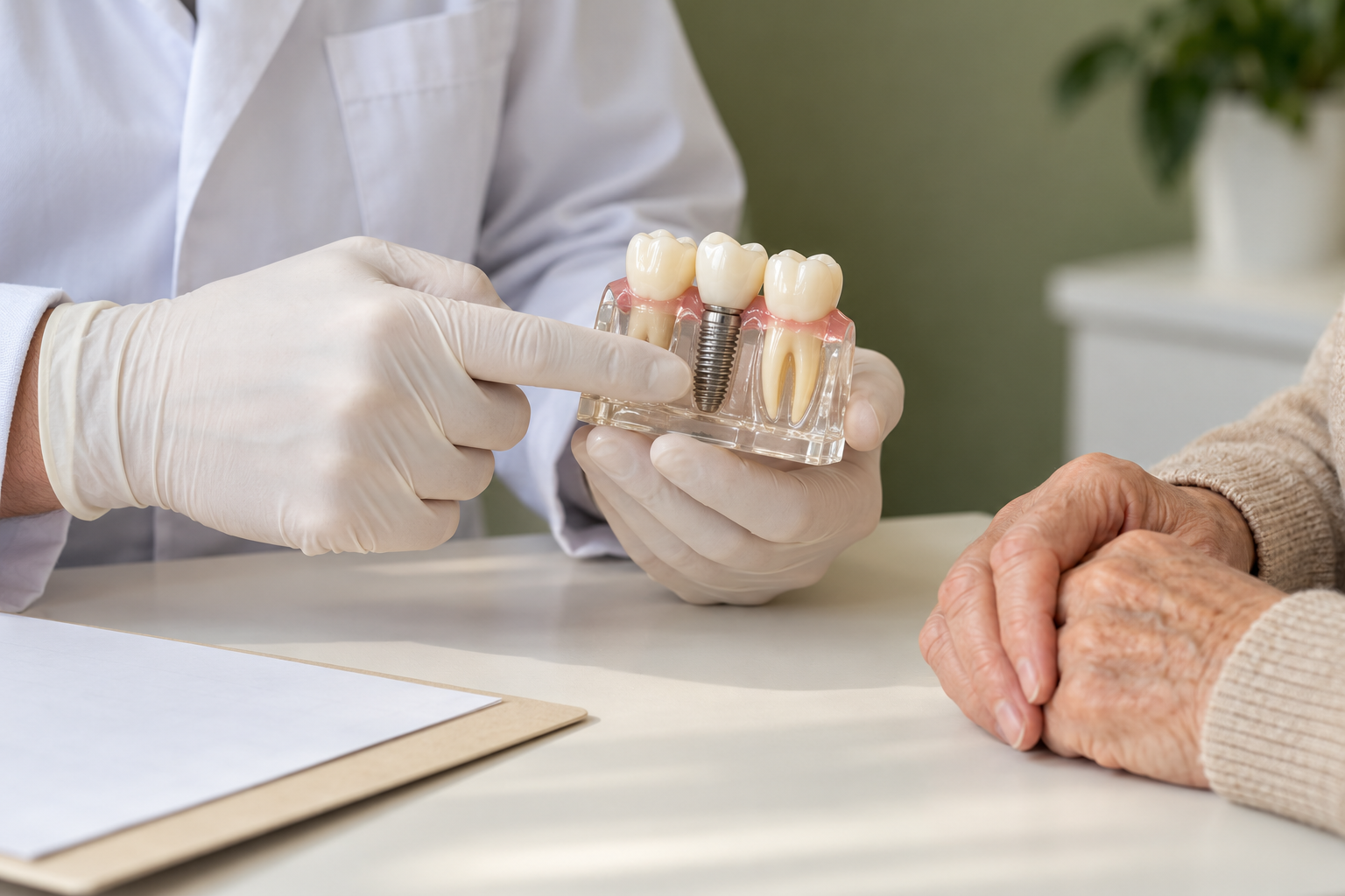 Mãos de dentista apontam um implante em modelo odontológico transparente durante explicação à paciente.