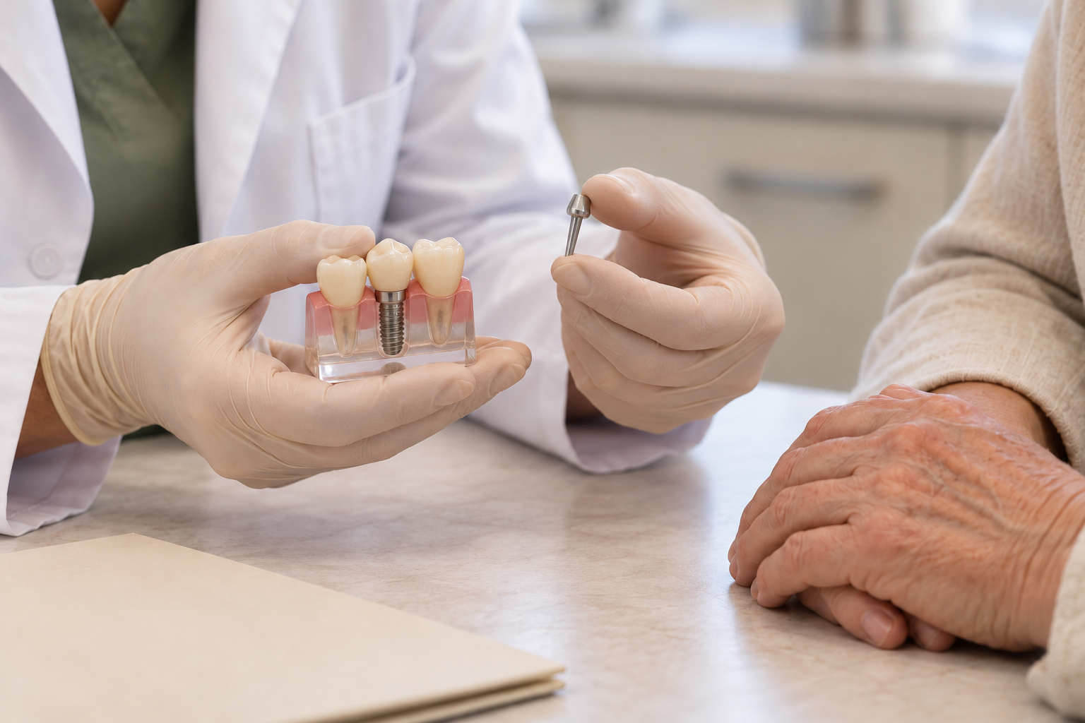 Mãos de dentista apresentam um pino odontológico e um modelo de implante dentário à paciente durante uma consulta.