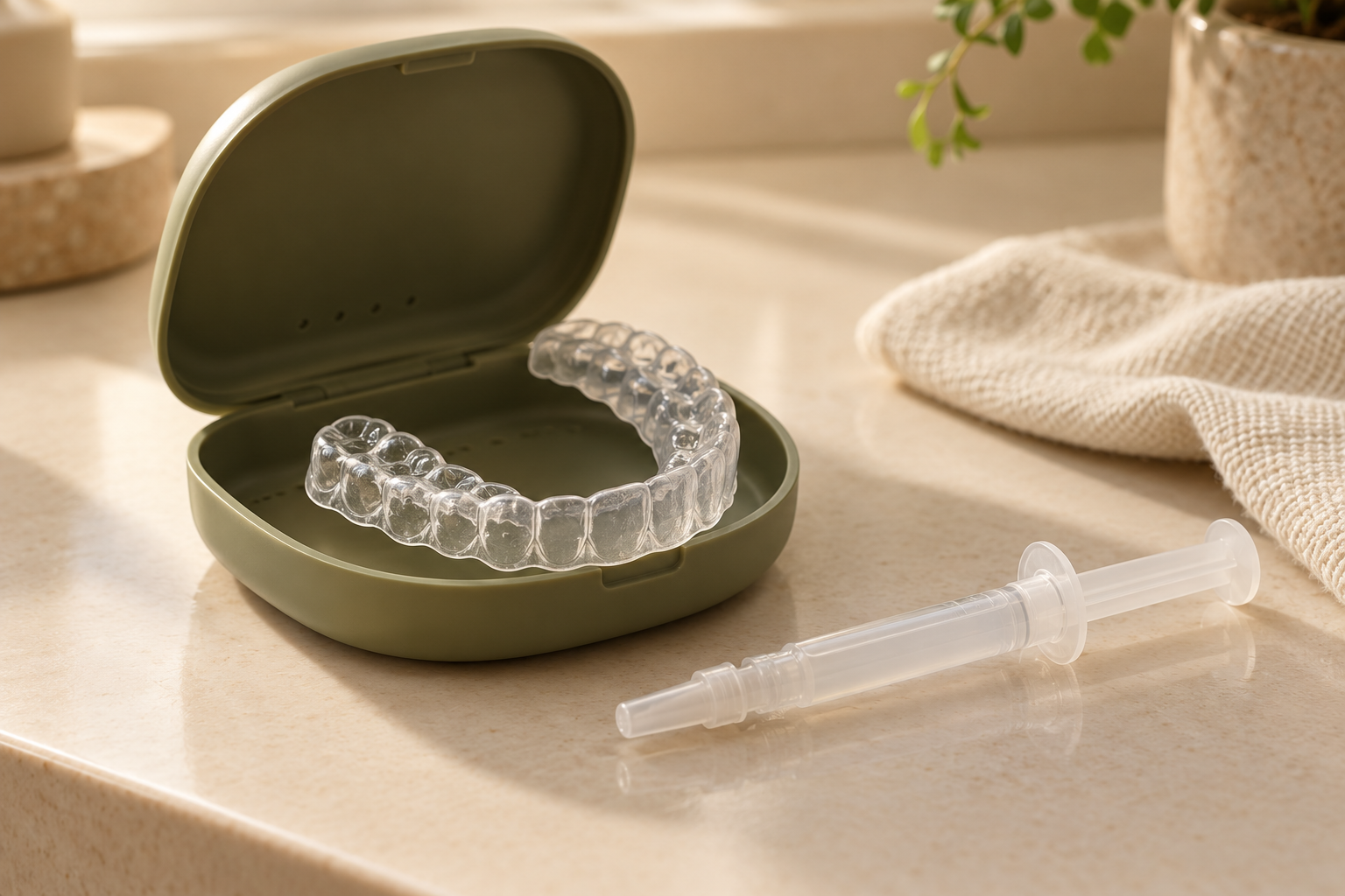 Moldeira dental transparente em estojo verde-oliva, com seringa de gel ao lado.
